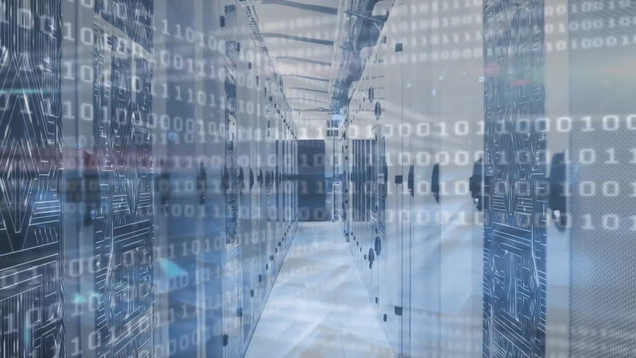 Animation of network of icons and connections, data processing and digital information in a server r