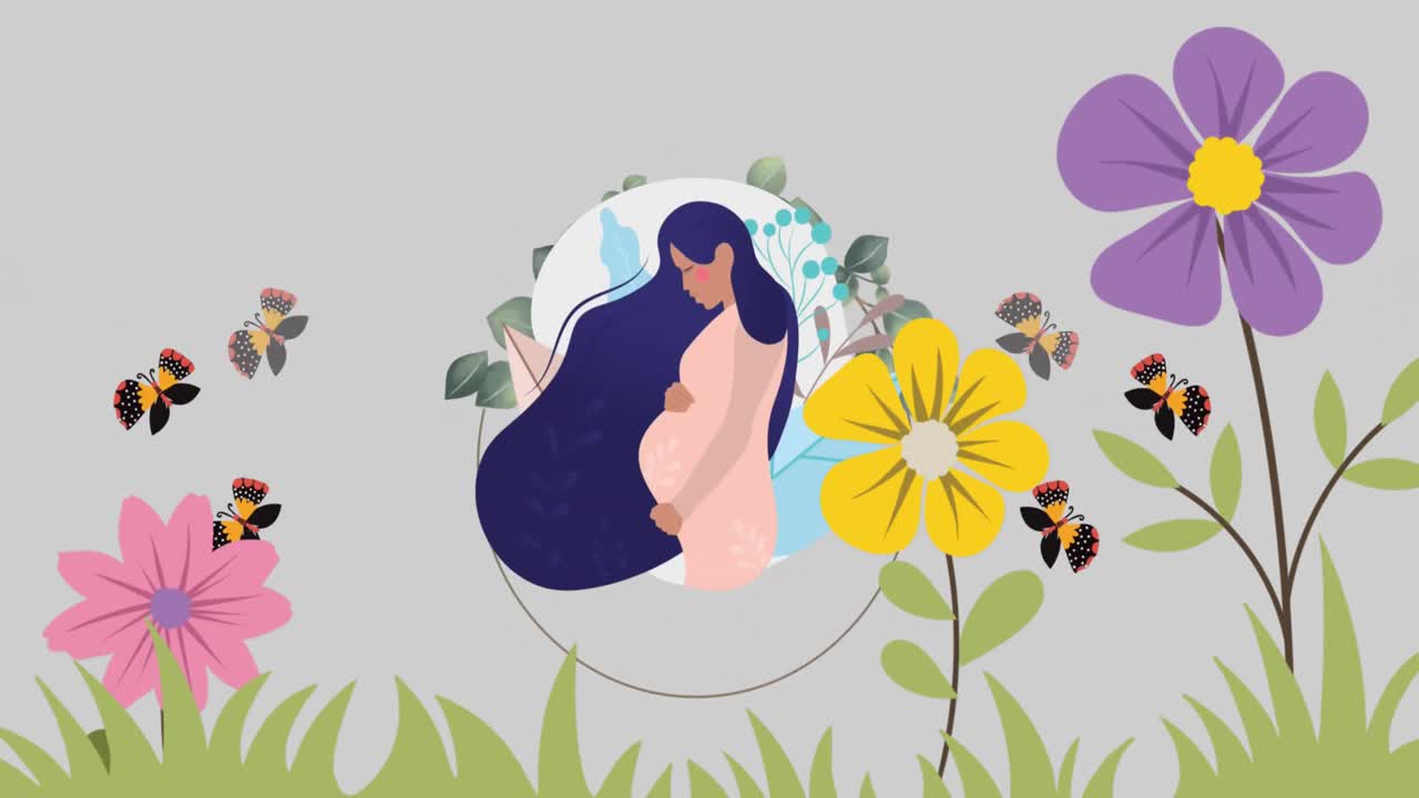 Animación de icono de mujer embarazada sobre flores en fondo rosa