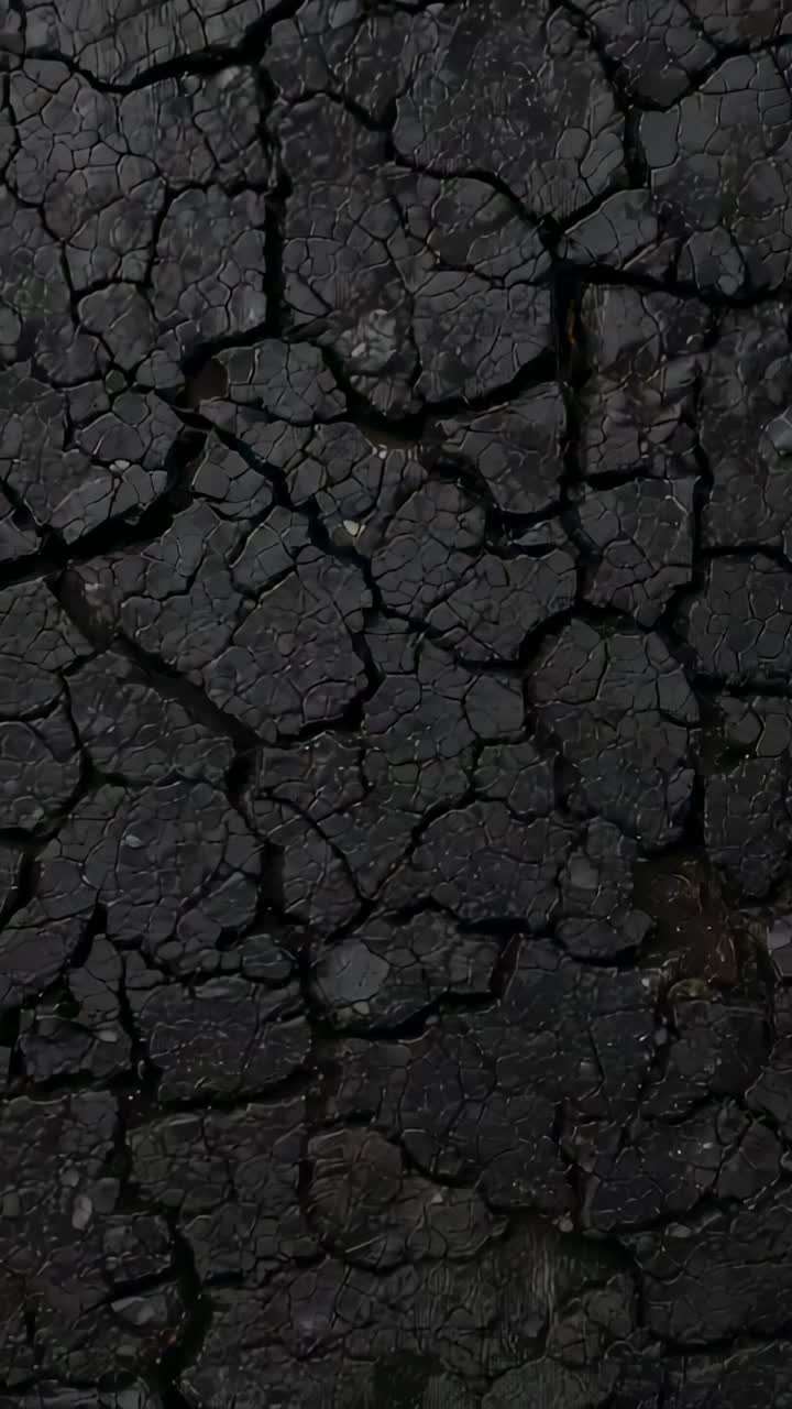 Video verticale: camera in movimento che mostra un terreno scuro e screpolato dall'alto con placche poligonali e fessure