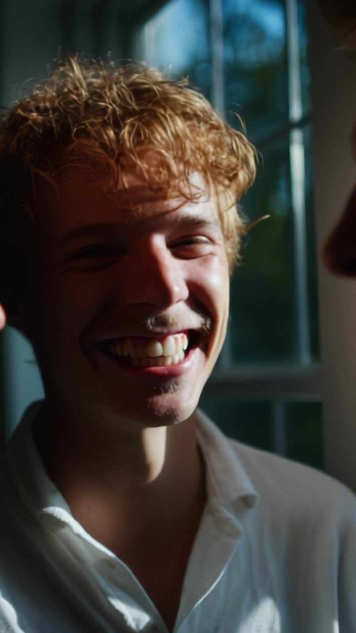 Due amici che condividono momenti di gioia catturati alla luce del sole, mostrando felicità e connessione tra le ombre, enfatizzando le emozioni attraverso i loro sorrisi ed espressioni