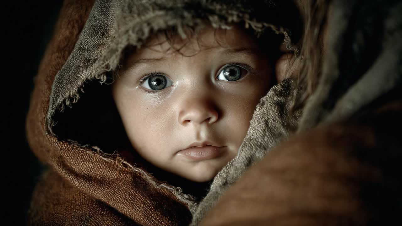 A close-up portrait of an innocent child with captivating blue eyes, softly wrapped in a brown hood, portraying a sense of wonder and vulnerability in a timeless, mystical atmosphere