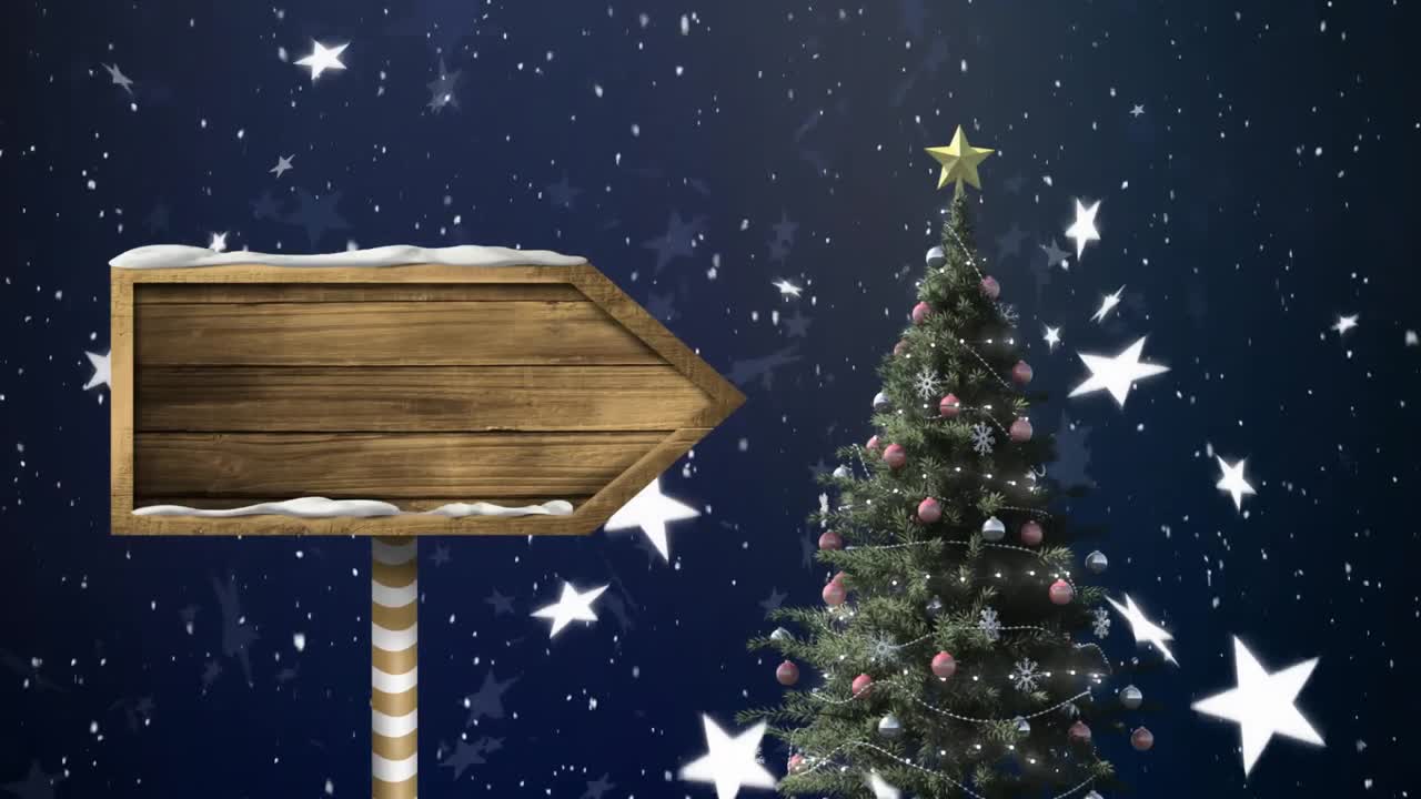 nieve cayendo y cartel de madera