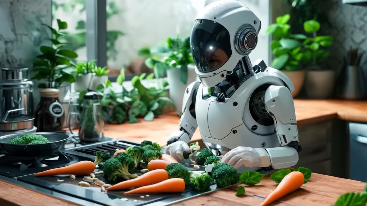 un robot que está de pie en un mostrador de la cocina
