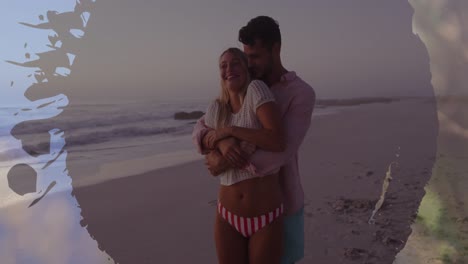 animación de marco sobre feliz pareja caucásica en la playa