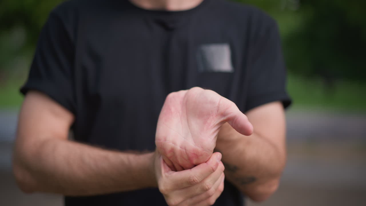 Selfcare Routine For Wrist And Forearm Soreness, Man Performs Warmup Massage To Soothe Wrist Before Exercise, Engaged In Focused Selfmassage Of Forearm And Wrist Prior To Physical Activity