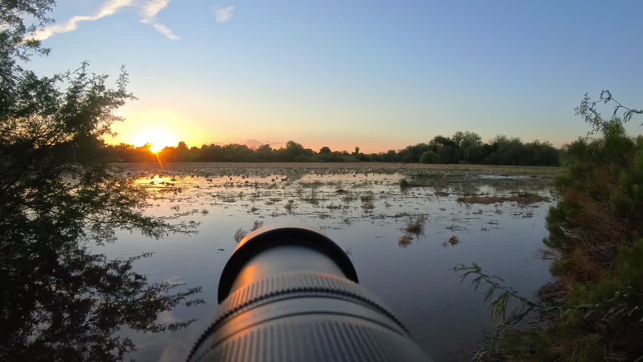 Point-of-view video focusing on the last sun rays on the horizon filtering through bushes at secluded lagoon, with vegetated surrounding