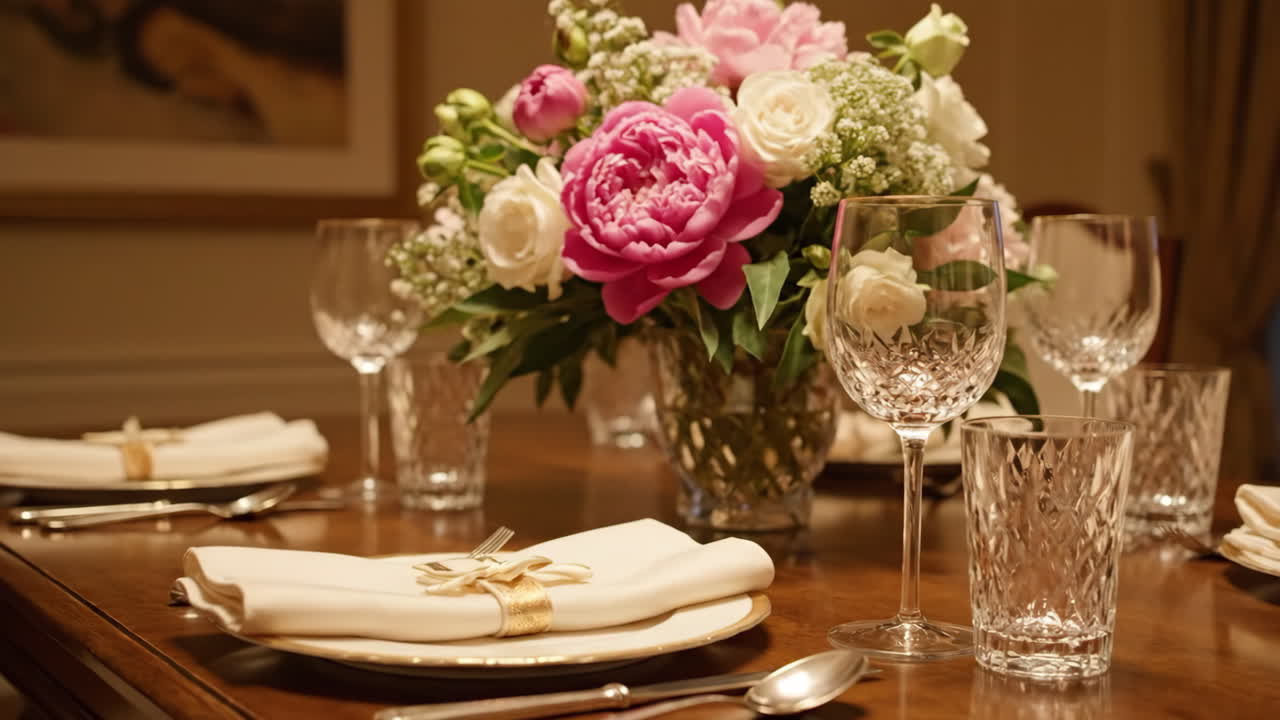 Elegant Dining Table Setting with Floral Centerpiece