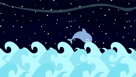 delfines de dibujos animados saltando entre las olas del mar en un fondo nocturno estrellado