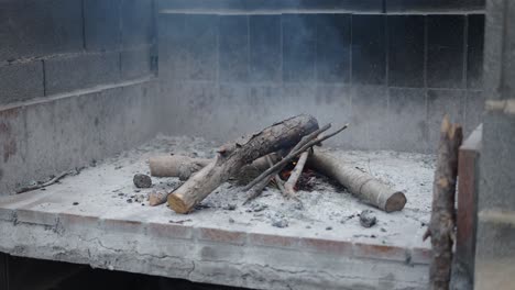 small wood fire burning in a concrete barbecue or fireplace