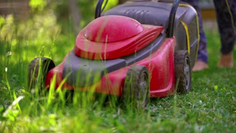 lawn mower in the garden. gardener mowing green grass in backyard. electric mower machine in summer. close-up.
