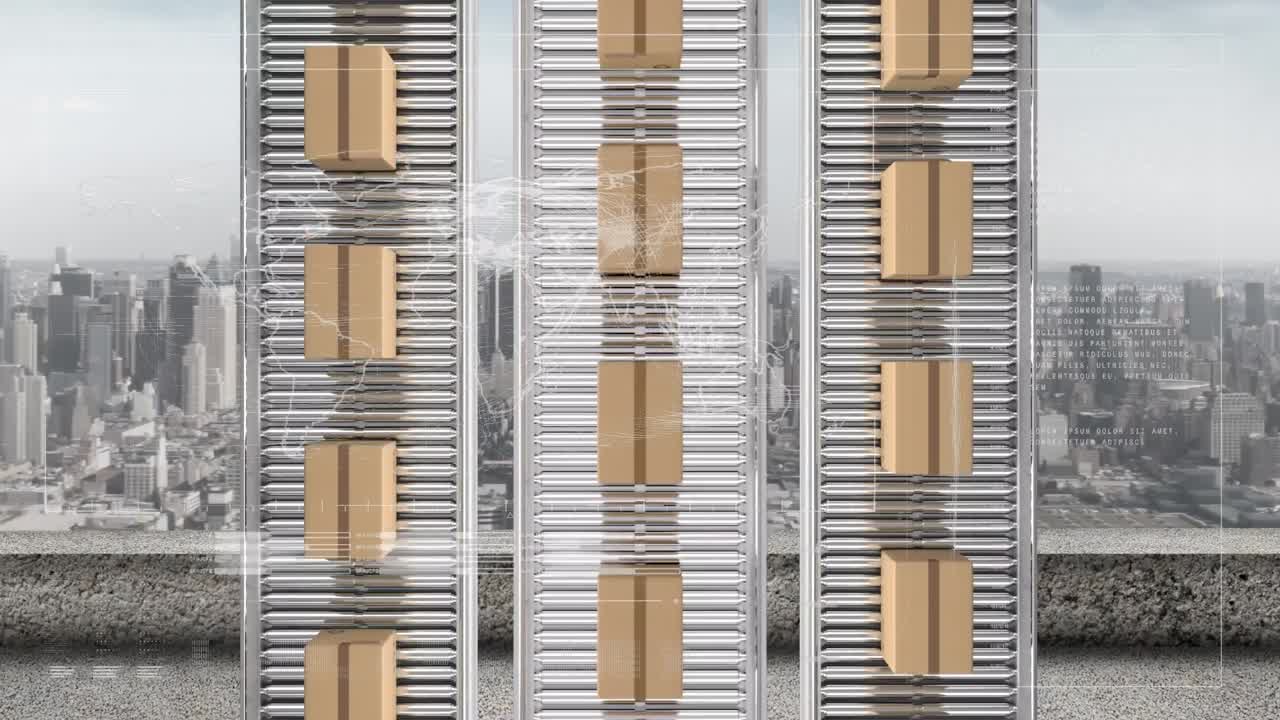 컨베이어 벨트에 있는 카드보드 상자 위에서 통계 처리의 애니메이션