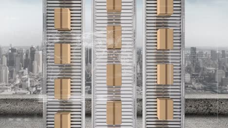 animación del procesamiento de estadísticas sobre cajas de cartón en cintas transportadoras
