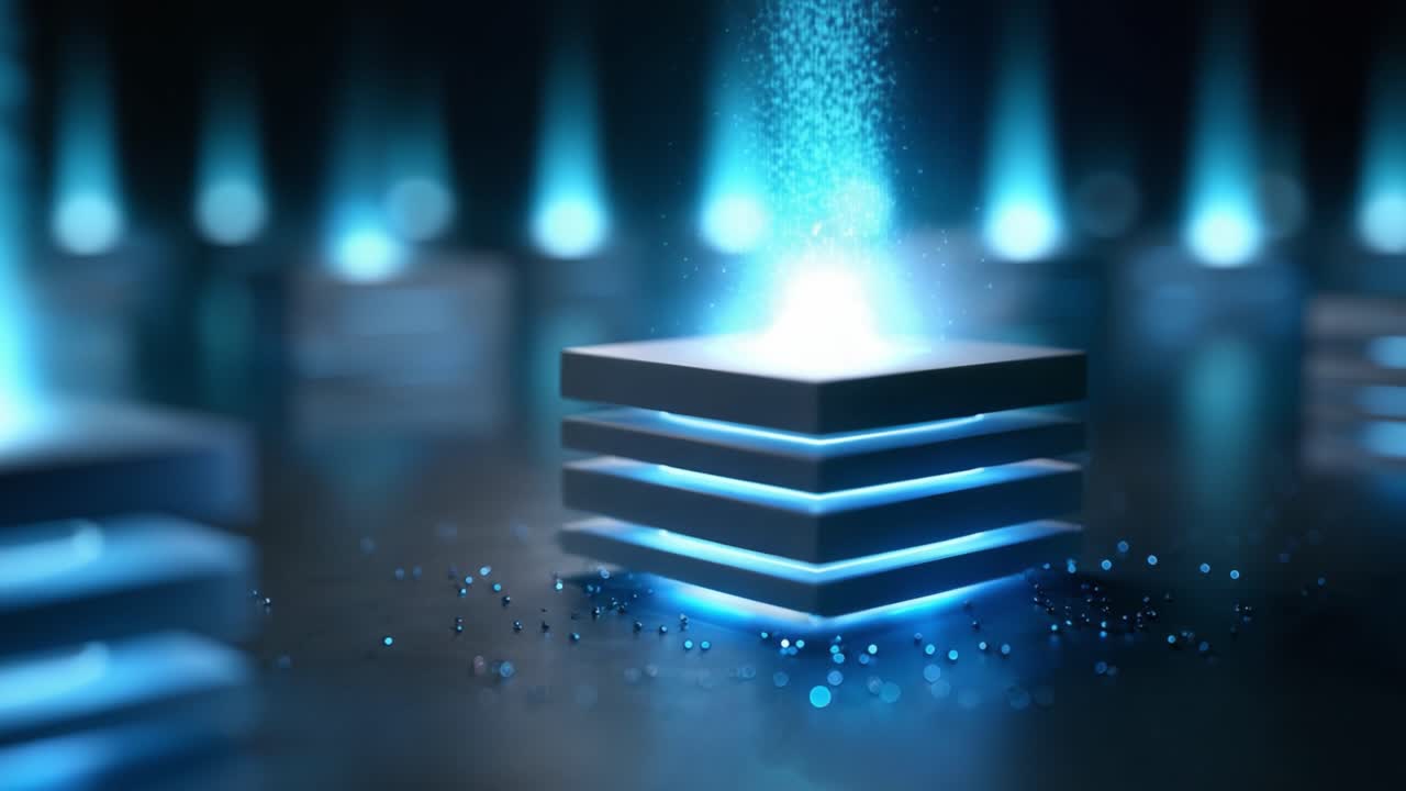 Futuristic glowing data storage structures with luminous effects and particles, creating a visually captivating display of technology and innovation in a digital environment