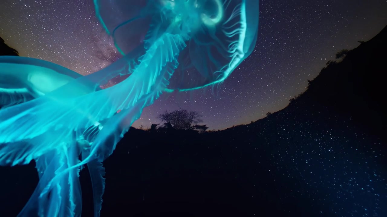 Medusa luminosa che fluttua contro un cielo notturno stellato