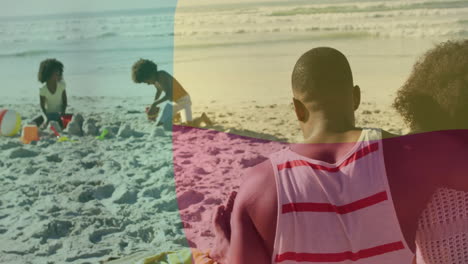 Enjoying-beach-activities,-people-over-benin-flag-animation-in-background