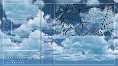 animación de la interfaz con el procesamiento de datos contra nubes en el cielo azul