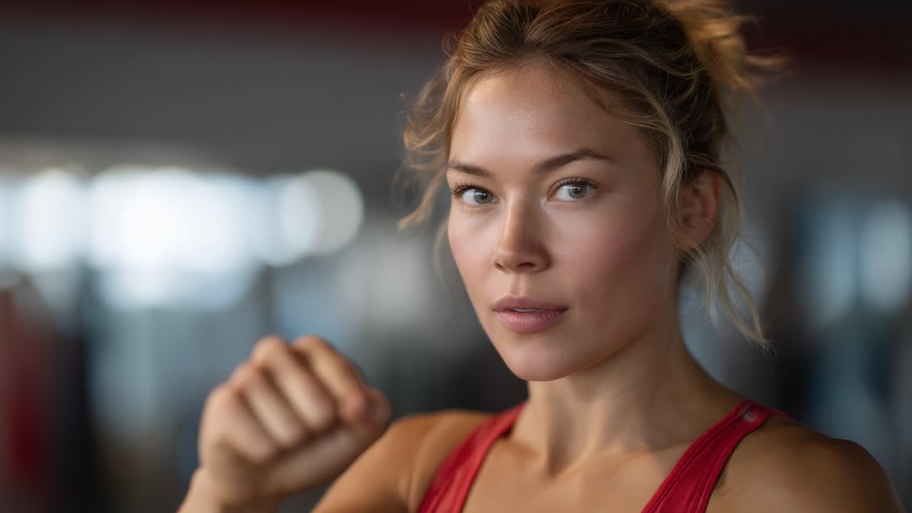 Donna forte e determinata in palestra che dimostra concentrazione e resilienza attraverso le sue espressioni potenti e la sua postura accattivante durante una sessione di allenamento