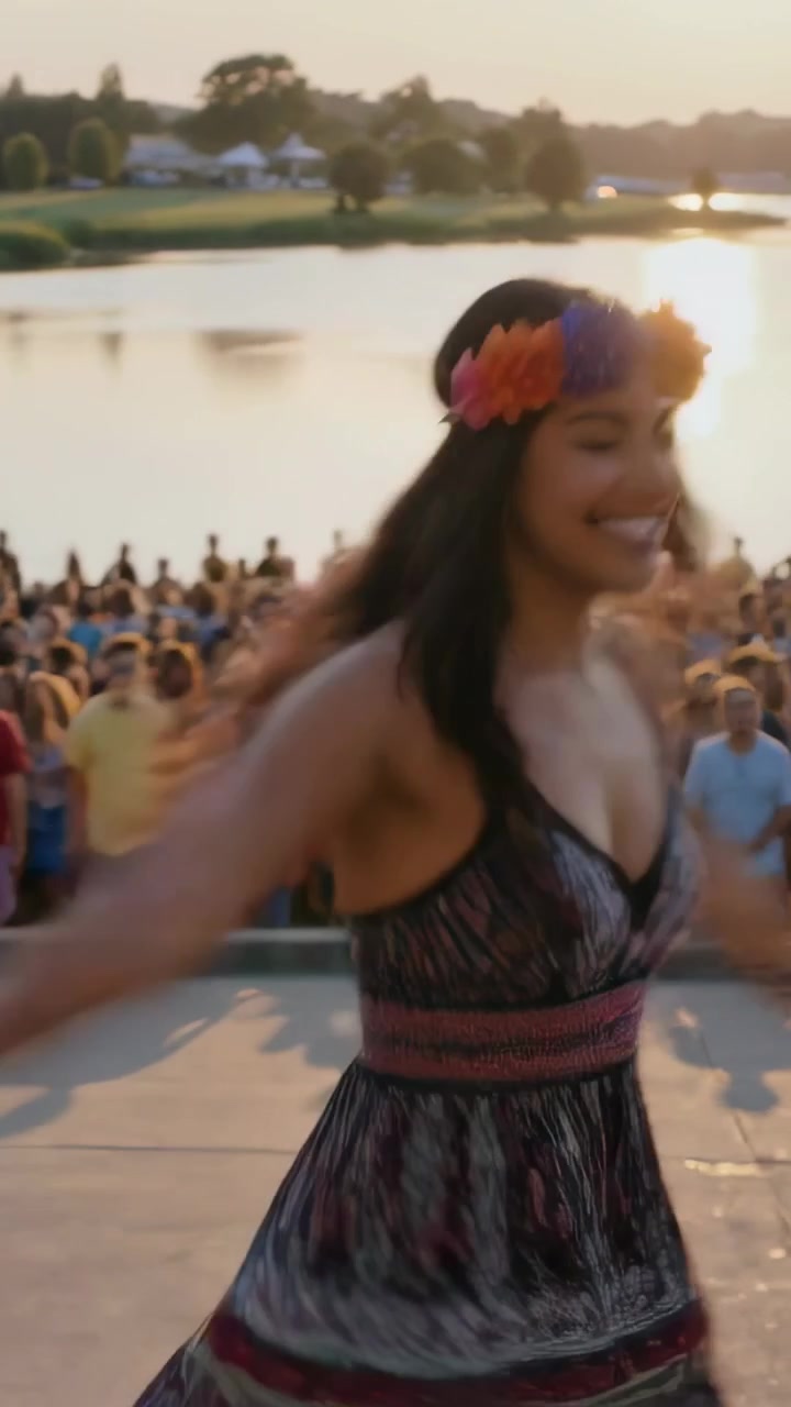 Video verticale: Ballerina che si gira per esibirsi, volteggiando su un palco in riva al lago per la folla, con vestito e corona di fiori