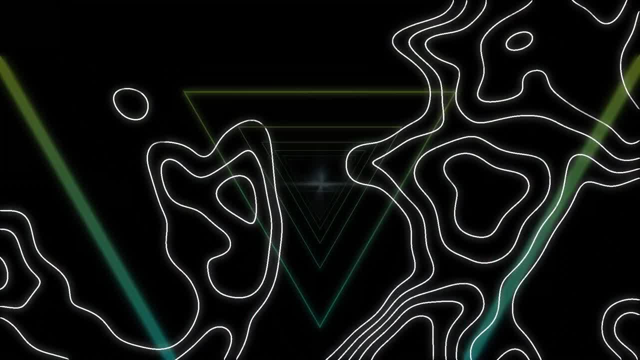 Animation of white contour lines over flashing green and yellow neon triangles, moving on black
