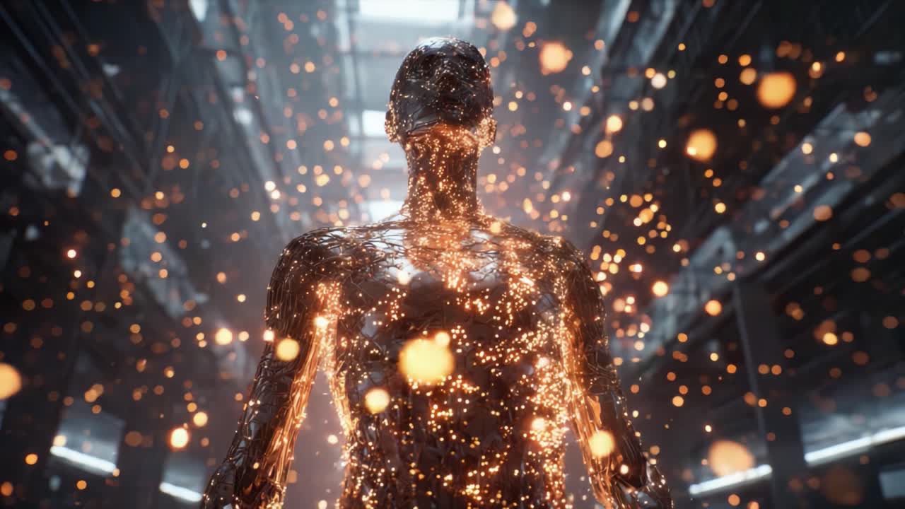 A Stunning Transformation: Illuminated Figure Surrounded by Neon Particles in a High-Tech Environment Captivates the Imagination and Sparks Inspiration