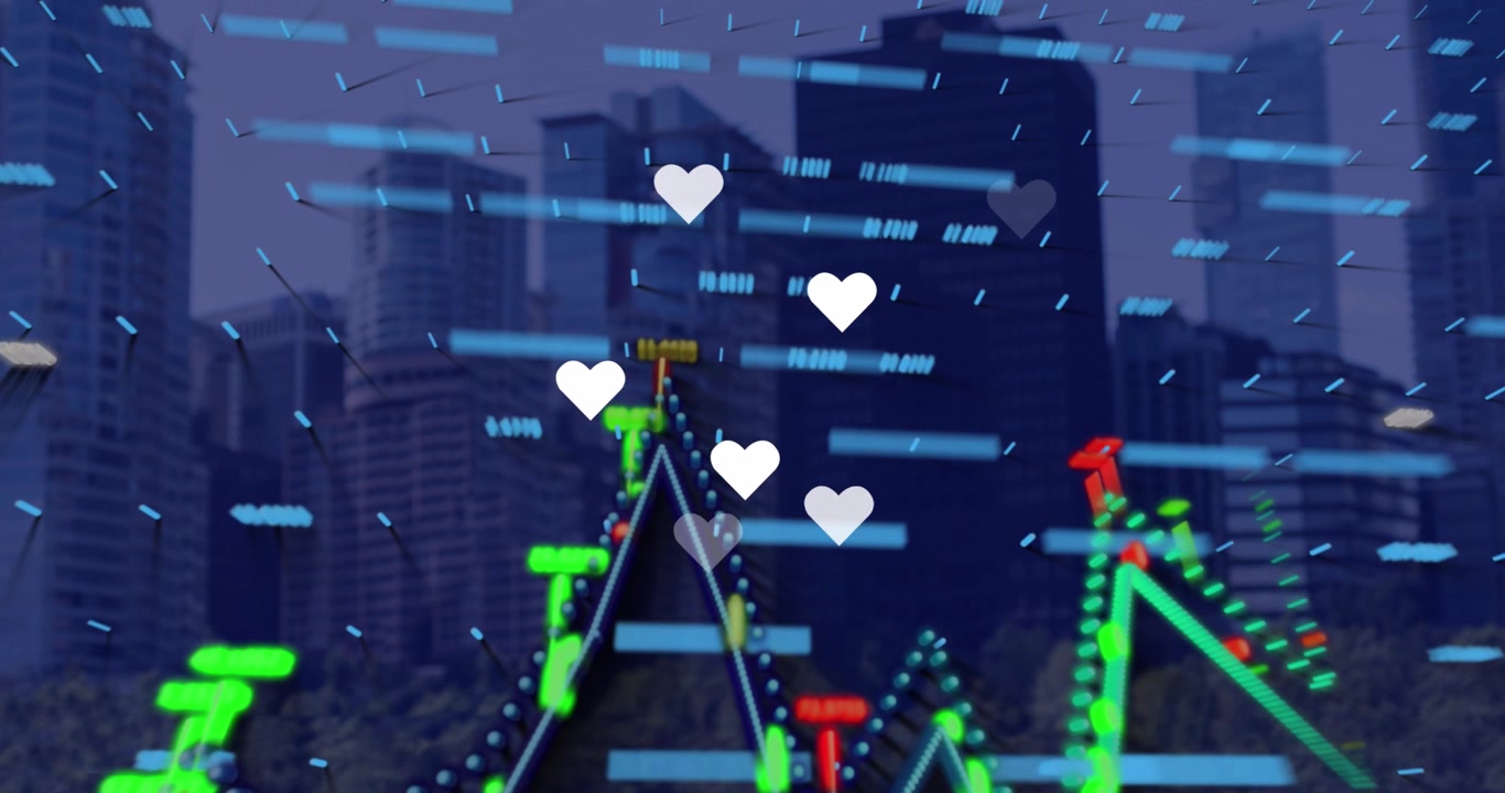 Animation af databehandling og sociale medieikoner over bybillede