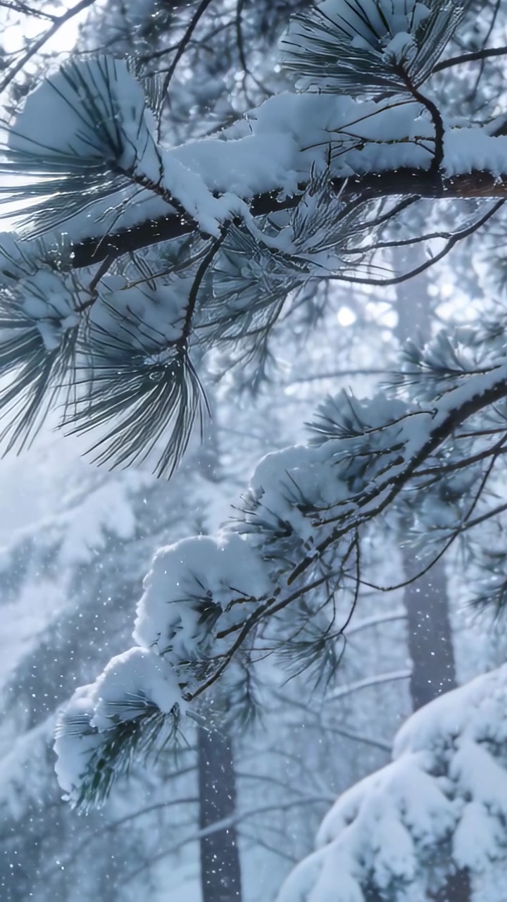 Light breeze nudging pine branch needles, swaying and shedding powdery snowflakes for nature study