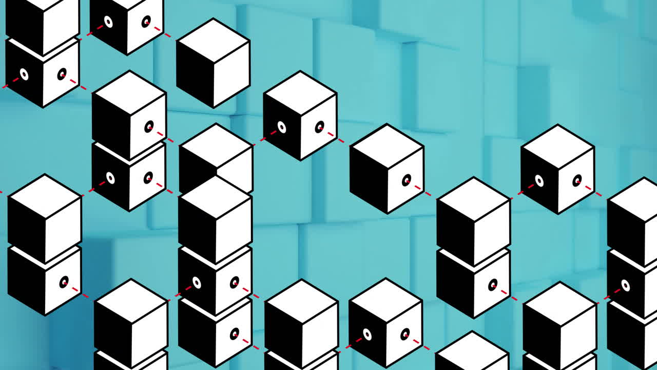 Animation of 3D cubes connected by lines over blue geometric school background