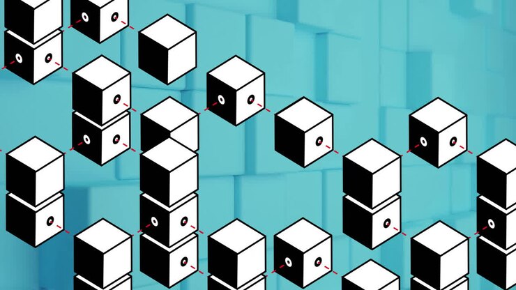 Animation of 3D cubes connected by lines over blue geometric school background