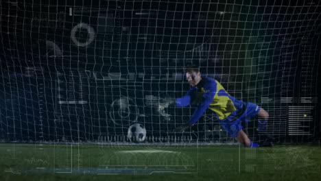 defending goal, soccer player in blue uniform with animation overlay on field