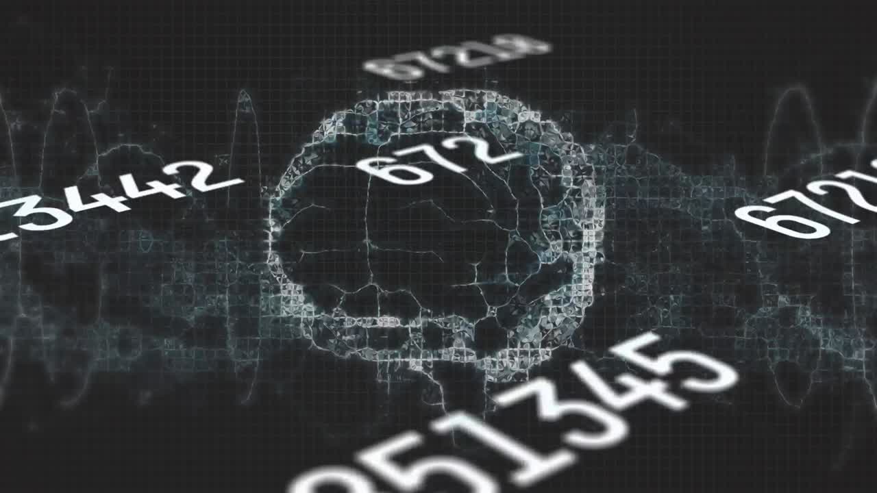 Animation of multiple changing numbers over spinning human brain and digital wave
