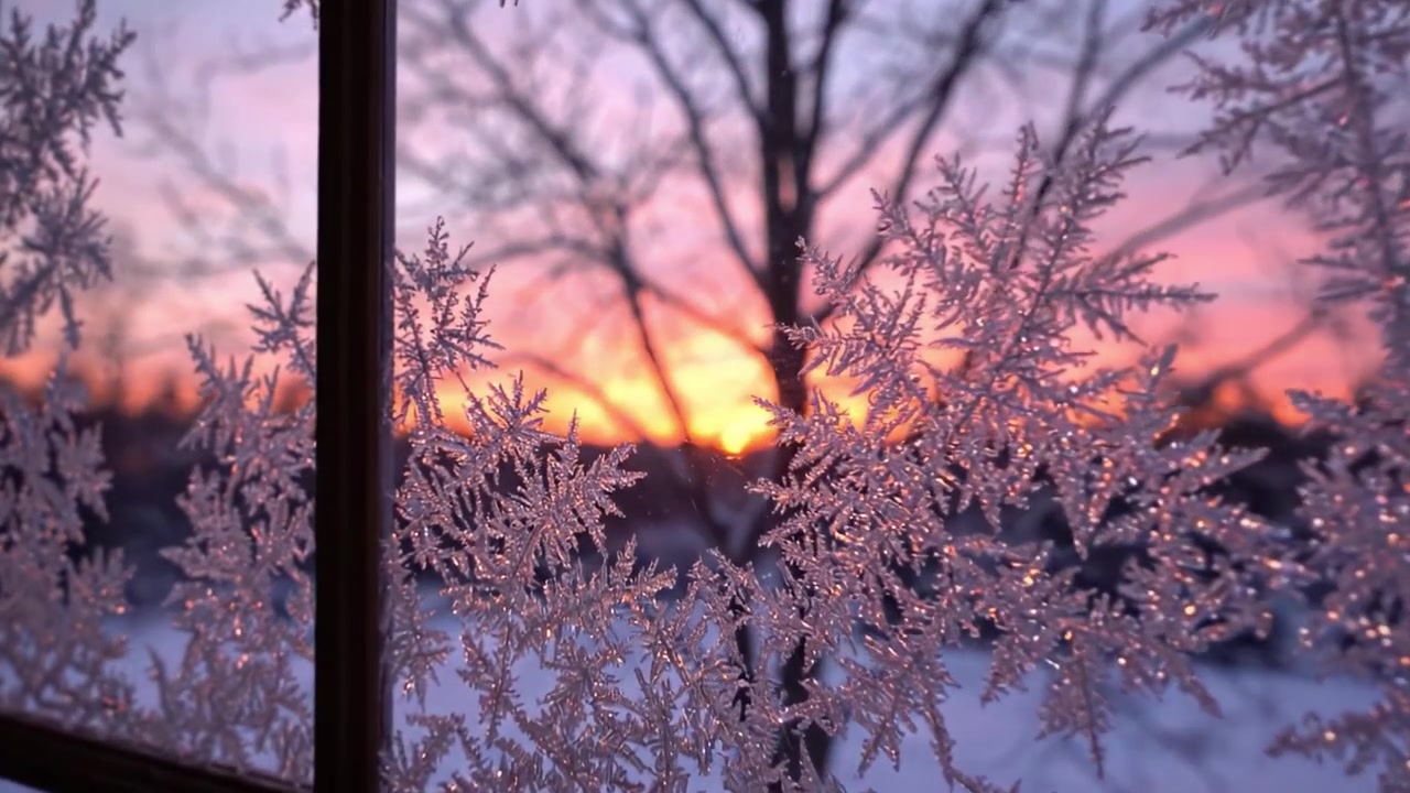 Fængslende vintersolnedgang indrammet af et frostklart vindue, der viser levende himmelfarver gennem indviklede snefnugmønstre og nøgne træer.