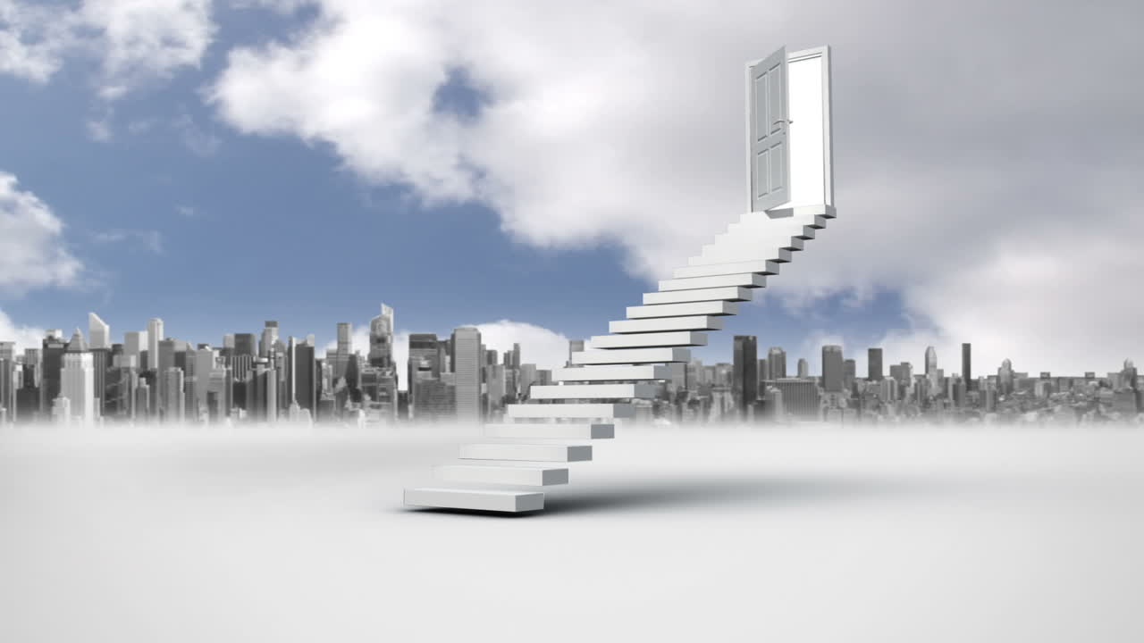 escalera con una puerta de apertura en frente de una ciudad