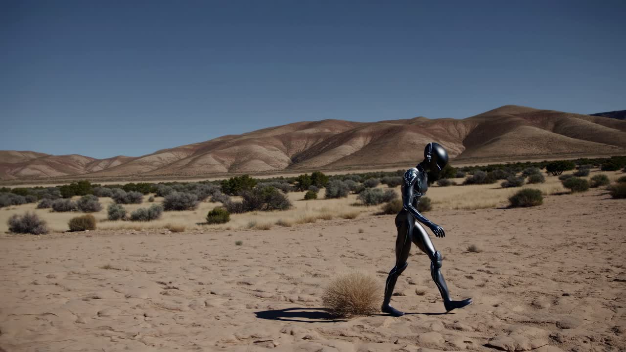 Robot alieno in un paesaggio desertico