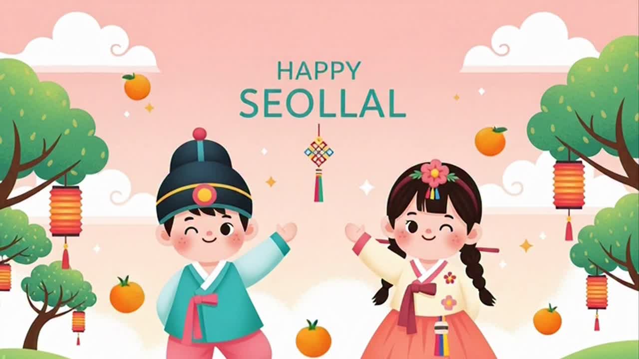 Happy Seollal Korean New Year greeting with cute children