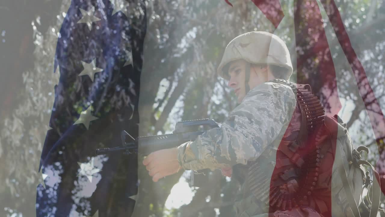 Soldier adjusting gun stance as transparent flag fading and scanning treetops in military training
