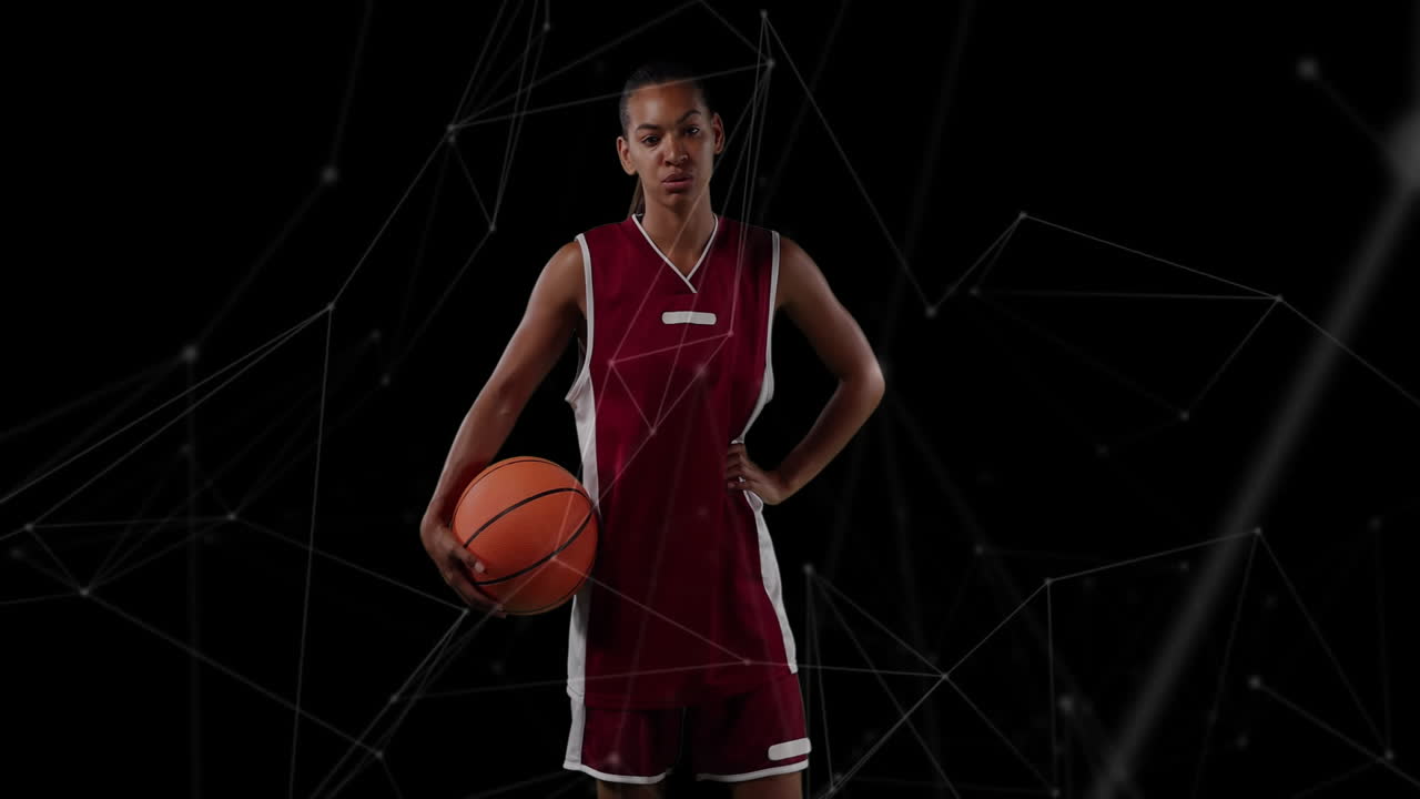 Holding basketball, athlete standing over network connections animation