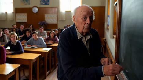 elderly teacher writing on a blackboard in a classroom with students