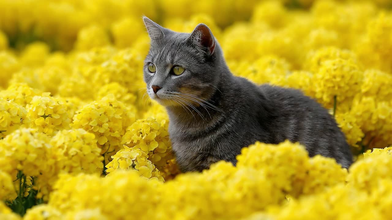 A Grey Cat Curiously Explores a Lush Field of Vibrant Yellow Flowers, Capturing the Beauty of Nature and the Playfulness of Feline Companions in a Serene Setting