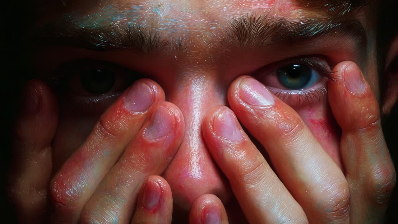 A Close-Up Exploration of Human Emotion: A Captivating Dive into the Expressive Journey of a Young Person Overcome with Anxiety, Fear, and Introspection in Two Compelling Frames