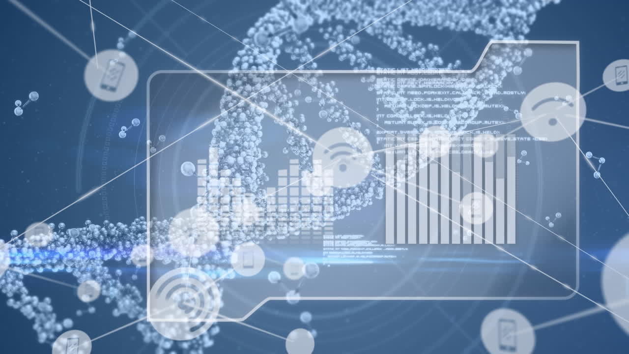 Animation of network of connections over dna strand and data processing on blue background