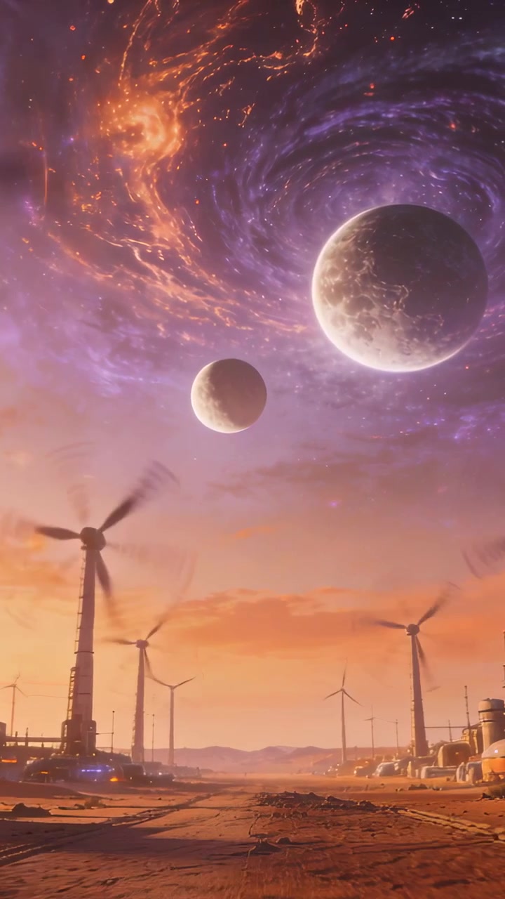 Vertical video: Light shifting causing nebula and planets glowing over desert, turbines turning