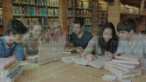 animation of binary code and programming language over multiracial students studying in library