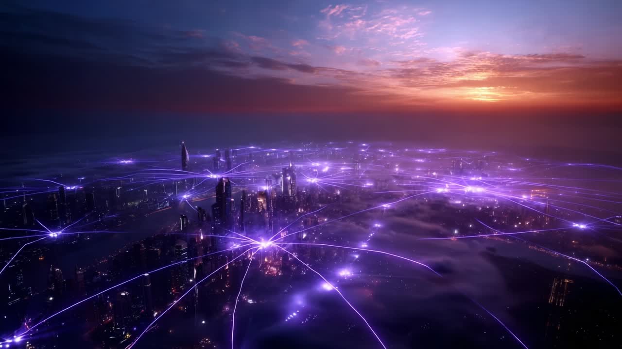 A Stunning Aerial View of a Futuristic Cityscape at Dusk, Highlighting the Serene Beauty of Connecting Network Lines Illuminating the Urban Landscape Amidst a Colorful Sky Filled with Clouds