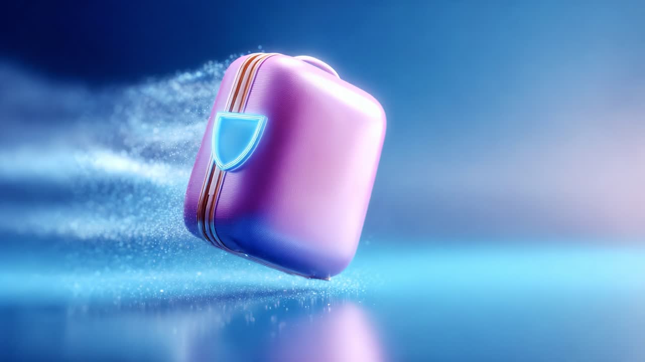 A vibrant, animated suitcase in motion leaving a trail of shimmering dust, showcasing innovative design elements and a playful color scheme that captures the essence of travel and adventure