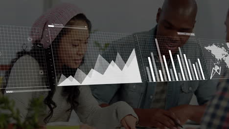 graph and chart animation over two people collaborating at desk