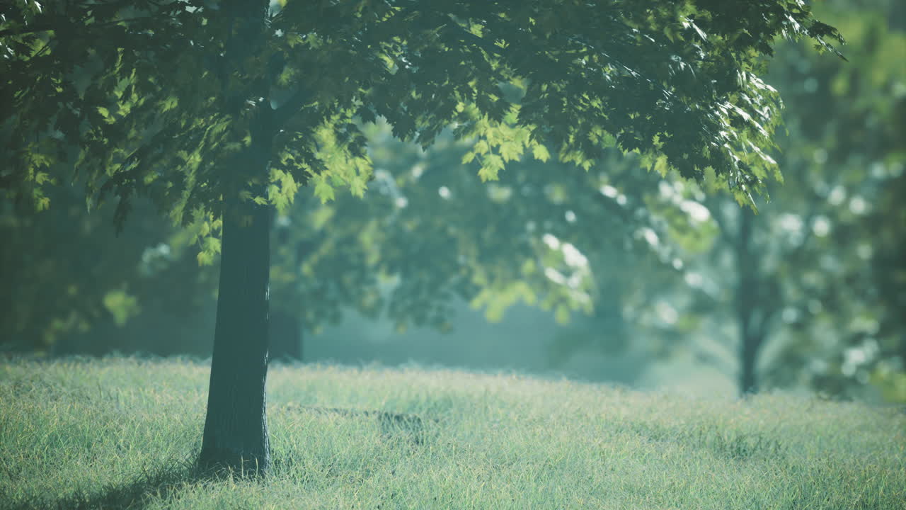 Una vegetazione verdeggiante e vivace avvolge un parco tranquillo in una serena mattinata