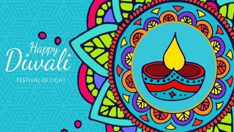 animation of happy diwali text and candle on blue background