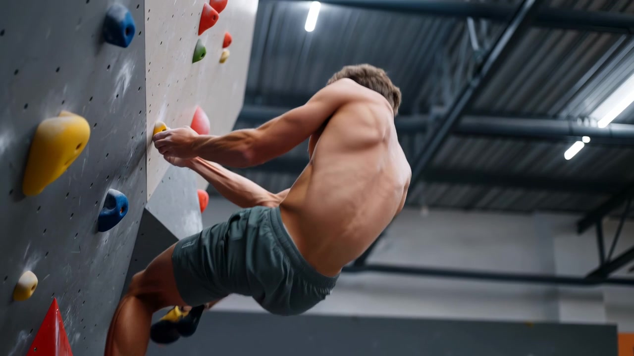 Escalador atlético masculino sobe uma parede de bouldering indoor, alcançando pequenas agarras coloridas enquanto as pernas pressionam um volume vermelho e apoios para os pés, demonstrando força, equilíbrio, foco e esforço.