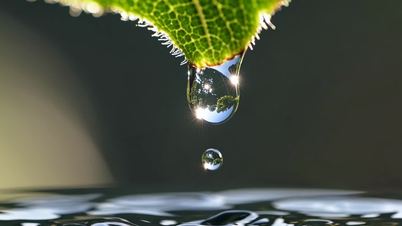 Macro shot of a dew drop hanging from a leaf, reflecting light