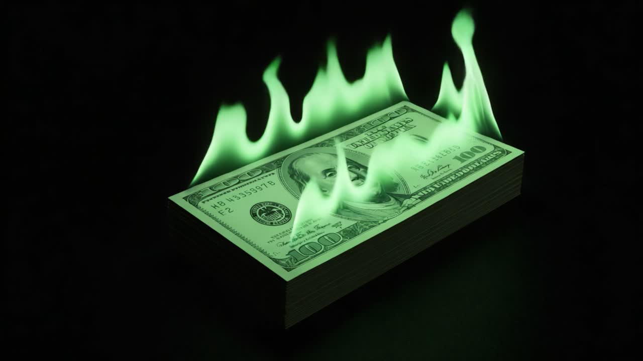 A Stack of Burning Money: The Symbol of Wealth Engulfed in Flames, Representing the Destruction of Currency and Financial Chaos in a Striking Visual Presentation